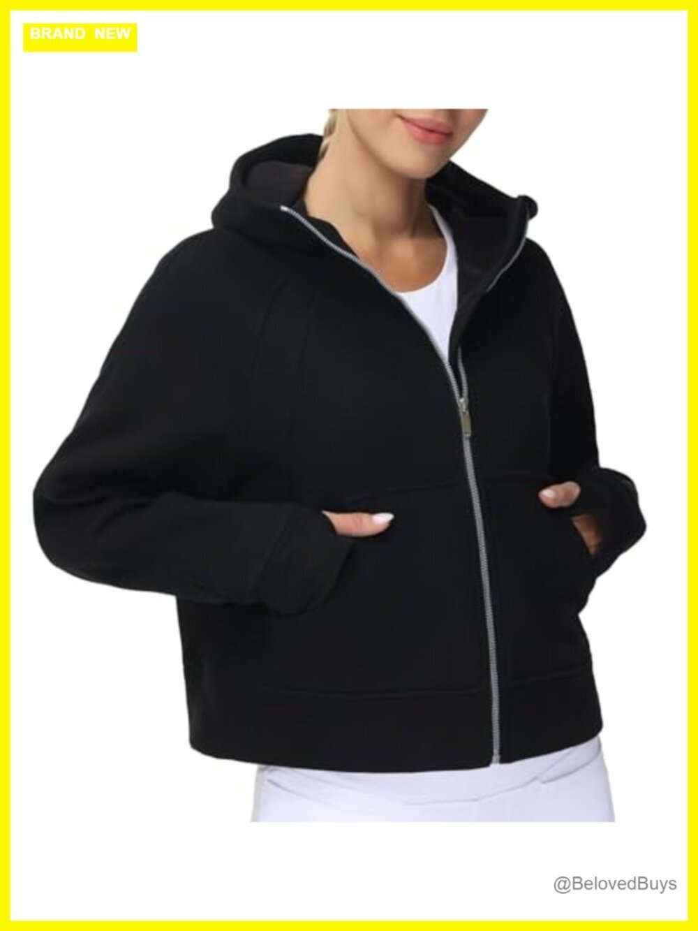 Women's Full-Zip Fleece Hoodie Crop Sweatshirt with Thumb Holes
